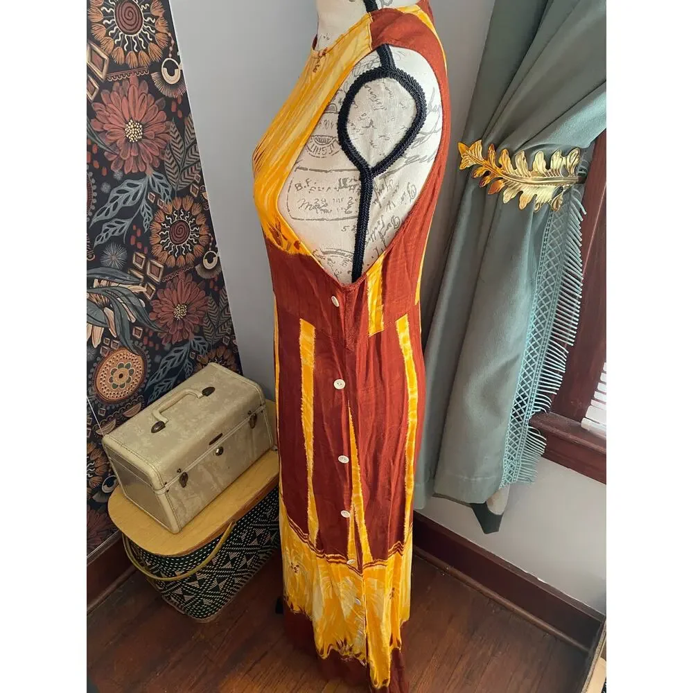 Marla Kim Tie Dyed Yellow & Rust Red Palm Tree Maxi Dress